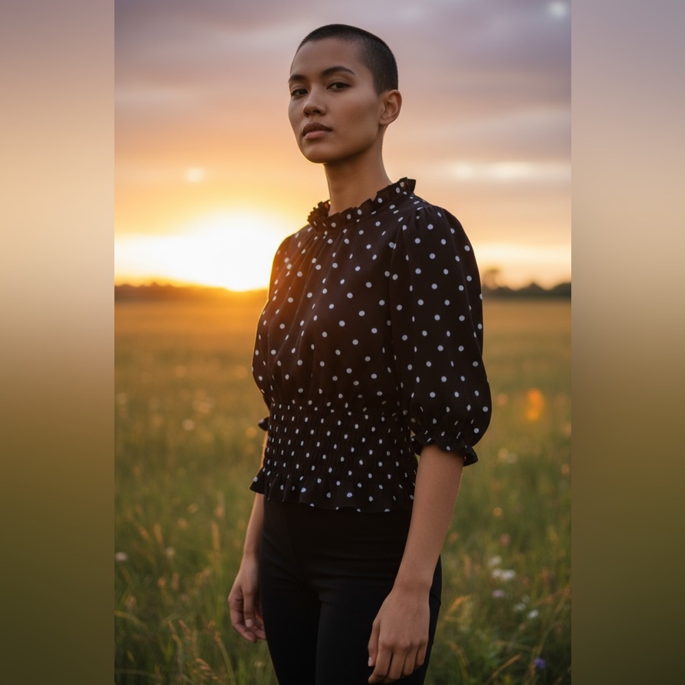 Who What Wear Dark and Light Blue Polka Dot Blouse